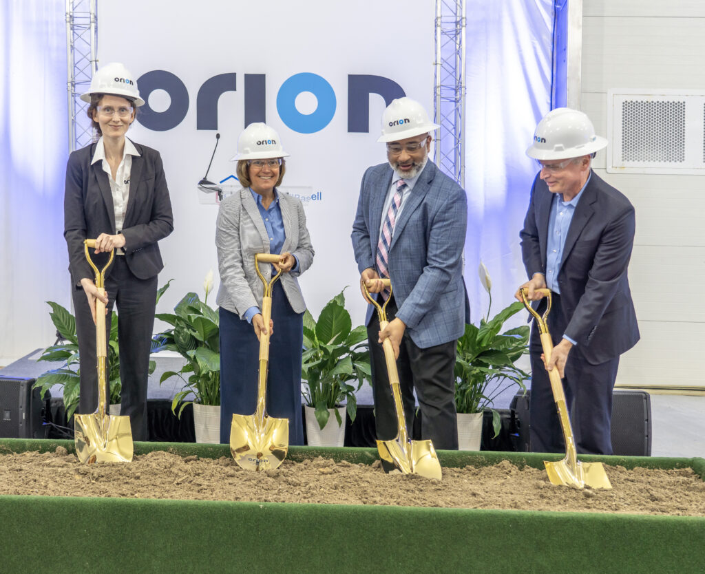 With golden shovels, the ground is broken for Orion's plant in La Porte, Texas. From left to right, Orion Senior Vice President Sandra Niewiem, LyondellBasell Executive Vice President Kim Foley, La Porte City Manager Corby Alexander and Orion CEO Corning Painter. 