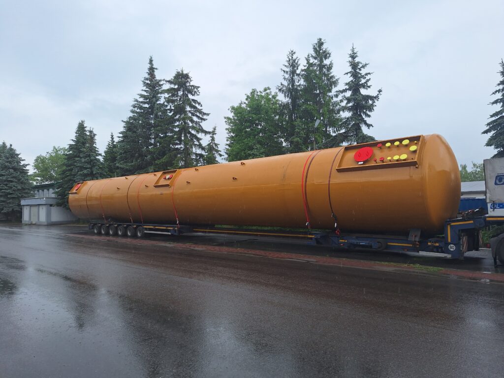 Tire pyrolysis oil tanks arrive at Orion S.A.'s plan in Jaslo, Poland. 