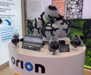 A model of a carbon black aggregate displayed by Orion S.A. at a trade show.